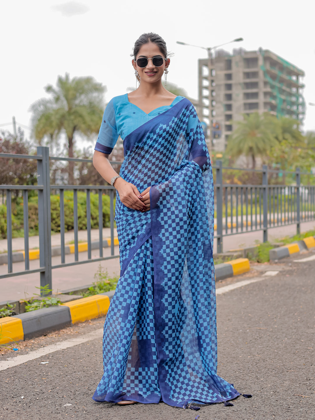 Blue Mul Cotton Checkered Print Saree with Geometric Statement Pallu & Tassels | Office & Casual Wear