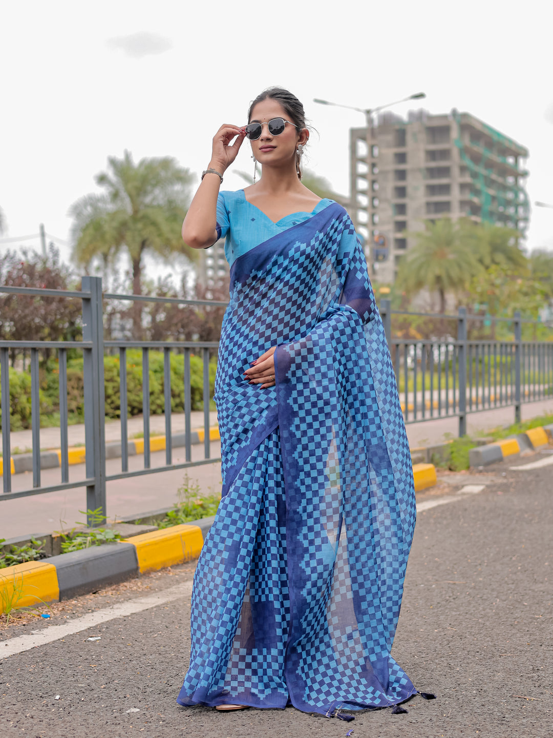 Blue Mul Cotton Checkered Print Saree with Geometric Statement Pallu & Tassels | Office & Casual Wear