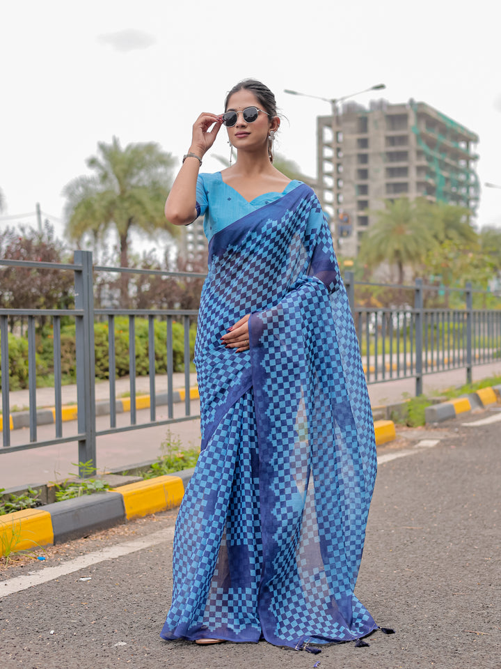 Blue Mul Cotton Checkered Print Saree with Geometric Statement Pallu & Tassels | Office & Casual Wear