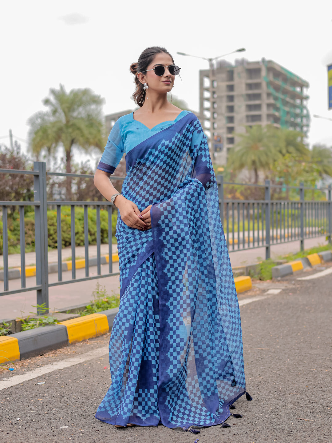 Blue Mul Cotton Checkered Print Saree with Geometric Statement Pallu & Tassels | Office & Casual Wear