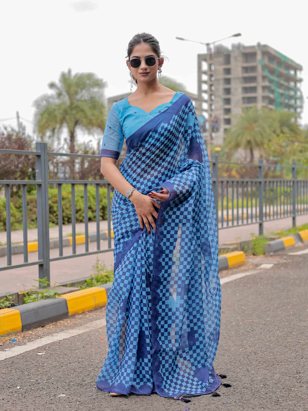 Blue Mul Cotton Checkered Print Saree with Geometric Statement Pallu & Tassels | Office & Casual Wear