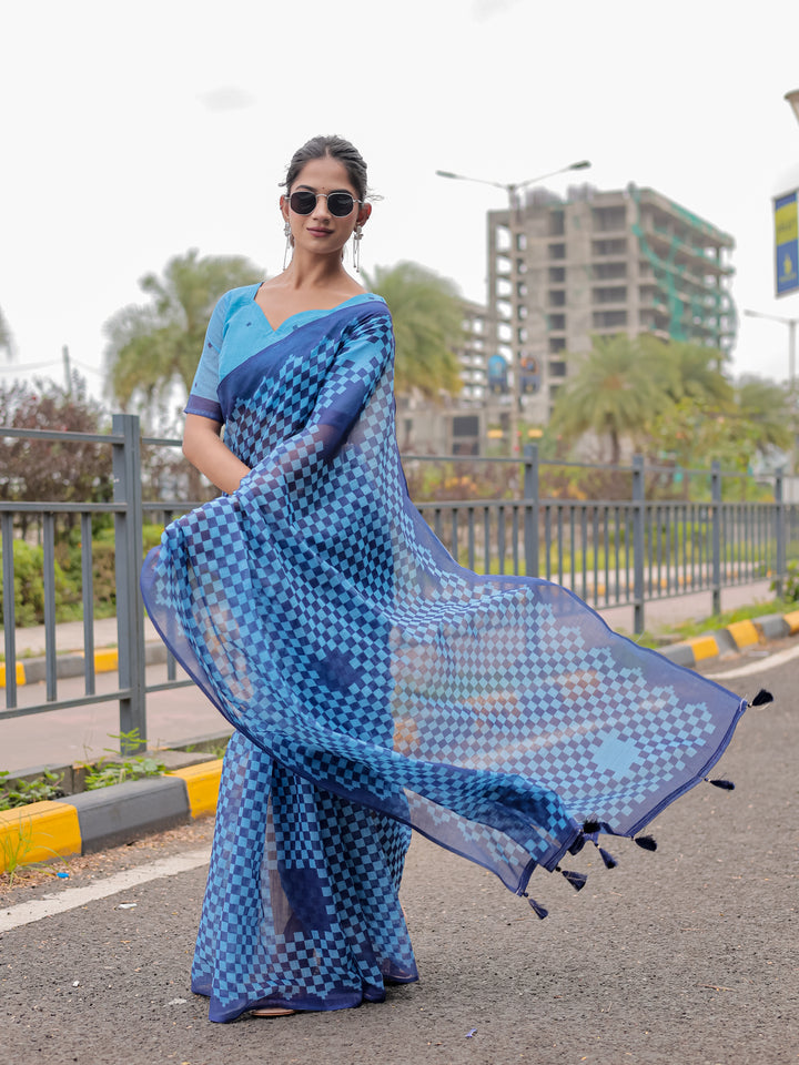 Blue Mul Cotton Checkered Print Saree with Geometric Statement Pallu & Tassels | Office & Casual Wear