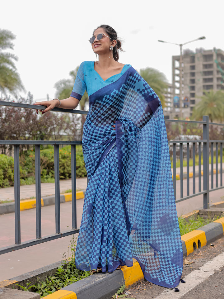 Blue Mul Cotton Checkered Print Saree with Geometric Statement Pallu & Tassels | Office & Casual Wear
