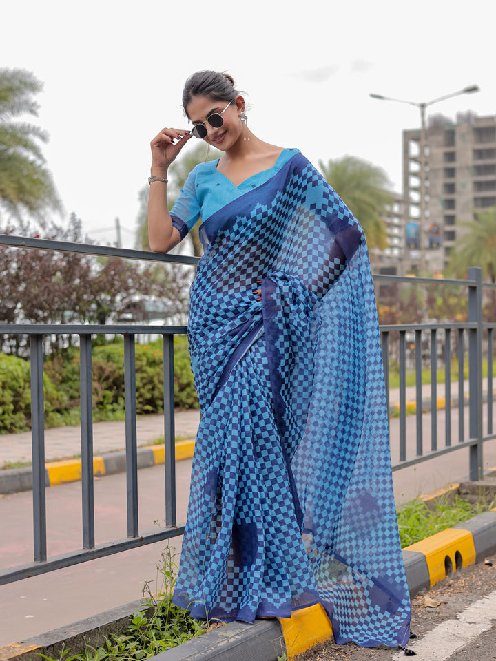 Blue Mul Cotton Checkered Print Saree with Geometric Statement Pallu & Tassels | Office & Casual Wear