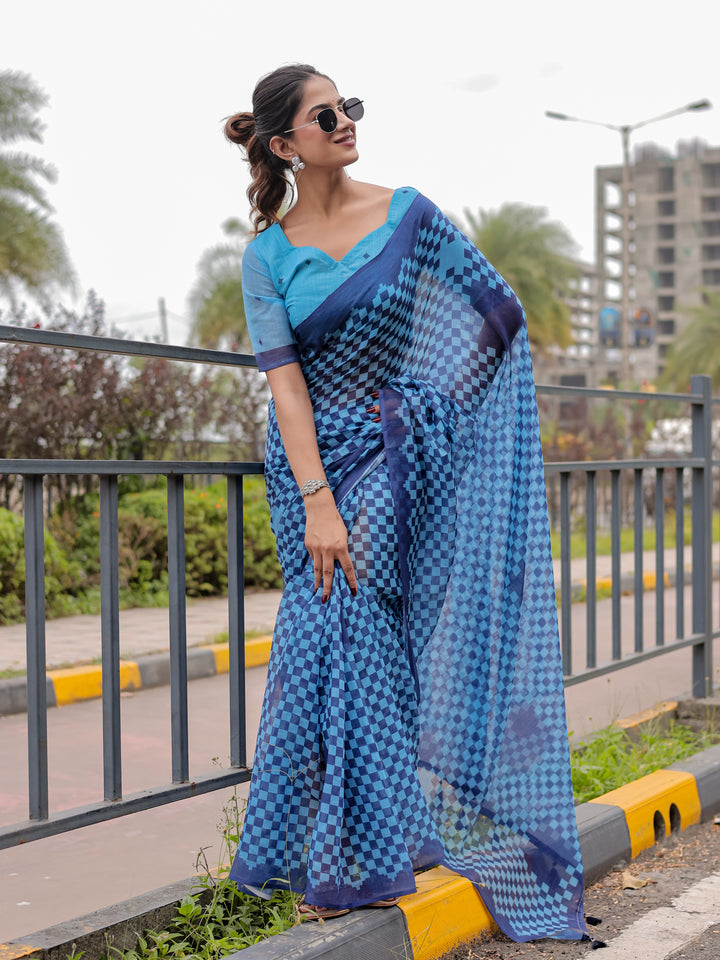 Blue Mul Cotton Checkered Print Saree with Geometric Statement Pallu & Tassels | Office & Casual Wear