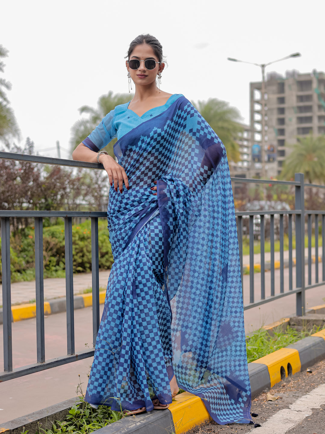 Blue Mul Cotton Checkered Print Saree with Geometric Statement Pallu & Tassels | Office & Casual Wear