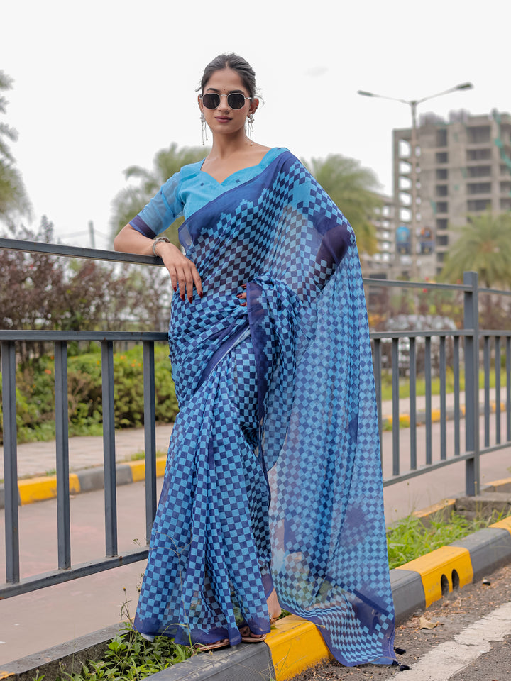 Blue Mul Cotton Checkered Print Saree with Geometric Statement Pallu & Tassels | Office & Casual Wear