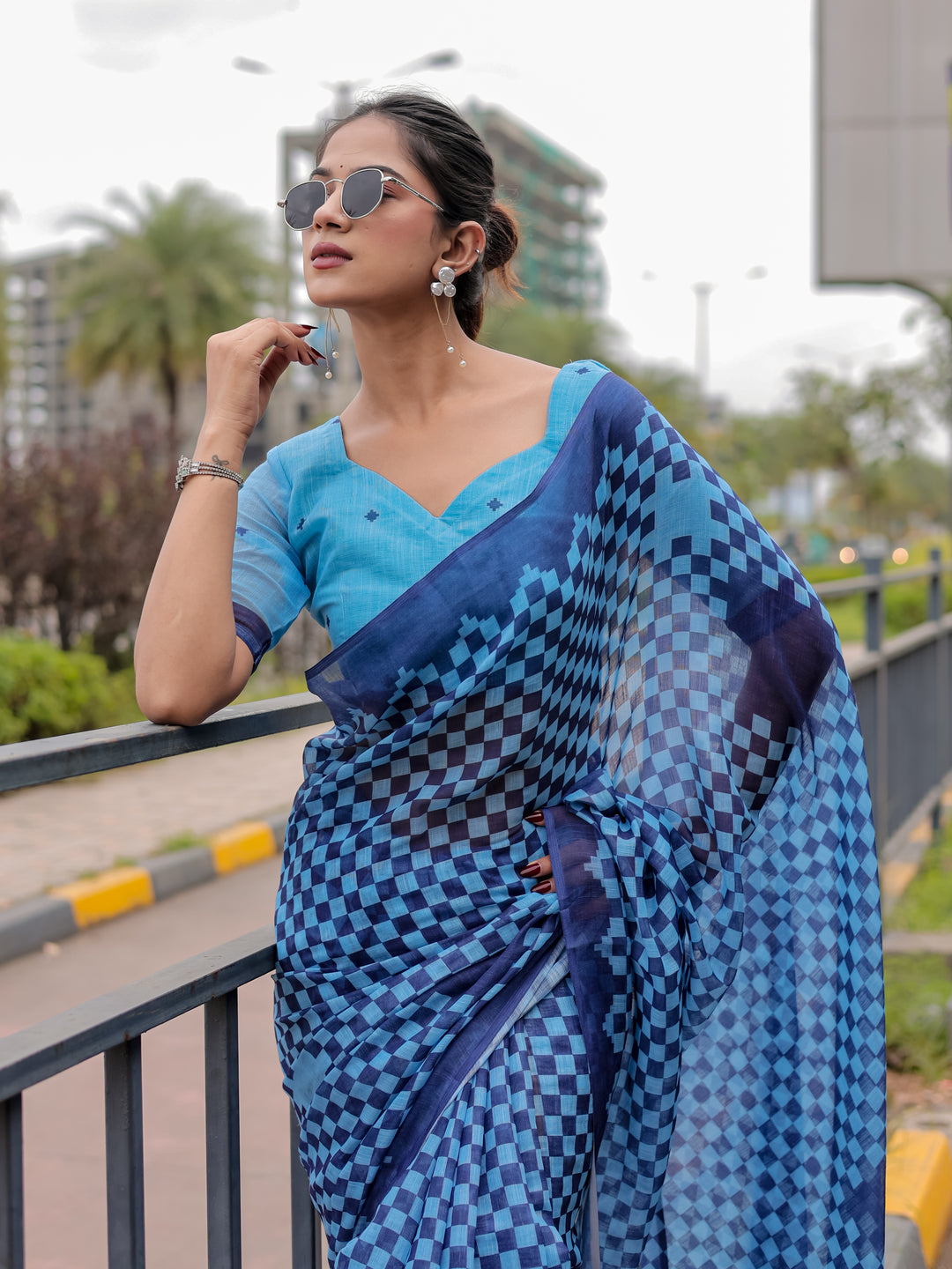 Blue Mul Cotton Checkered Print Saree with Geometric Statement Pallu & Tassels | Office & Casual Wear