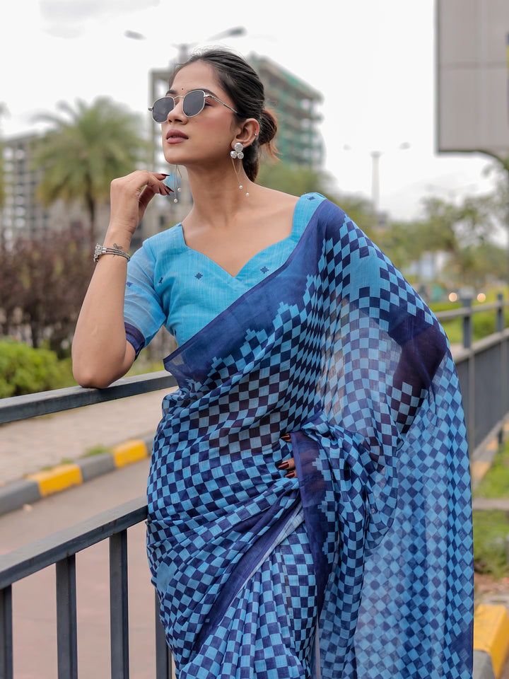 Blue Mul Cotton Checkered Print Saree with Geometric Statement Pallu & Tassels | Office & Casual Wear