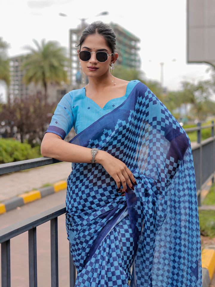 Blue Mul Cotton Checkered Print Saree with Geometric Statement Pallu & Tassels | Office & Casual Wear