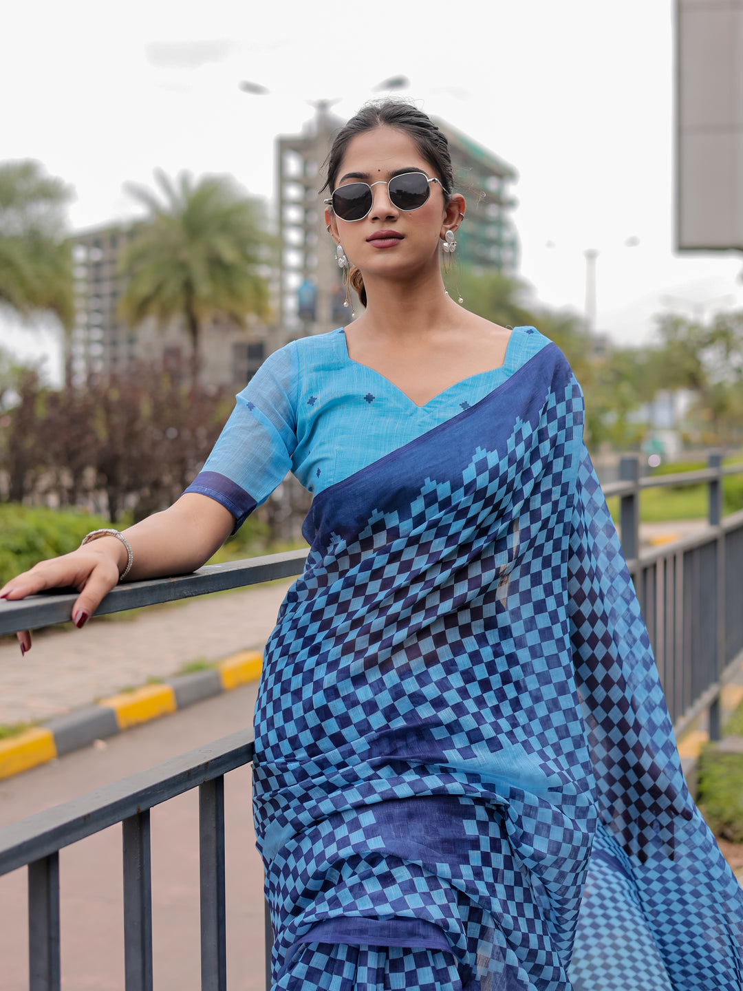 Blue Mul Cotton Checkered Print Saree with Geometric Statement Pallu & Tassels | Office & Casual Wear