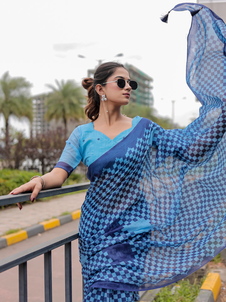 Blue Mul Cotton Checkered Print Saree with Geometric Statement Pallu & Tassels | Office & Casual Wear