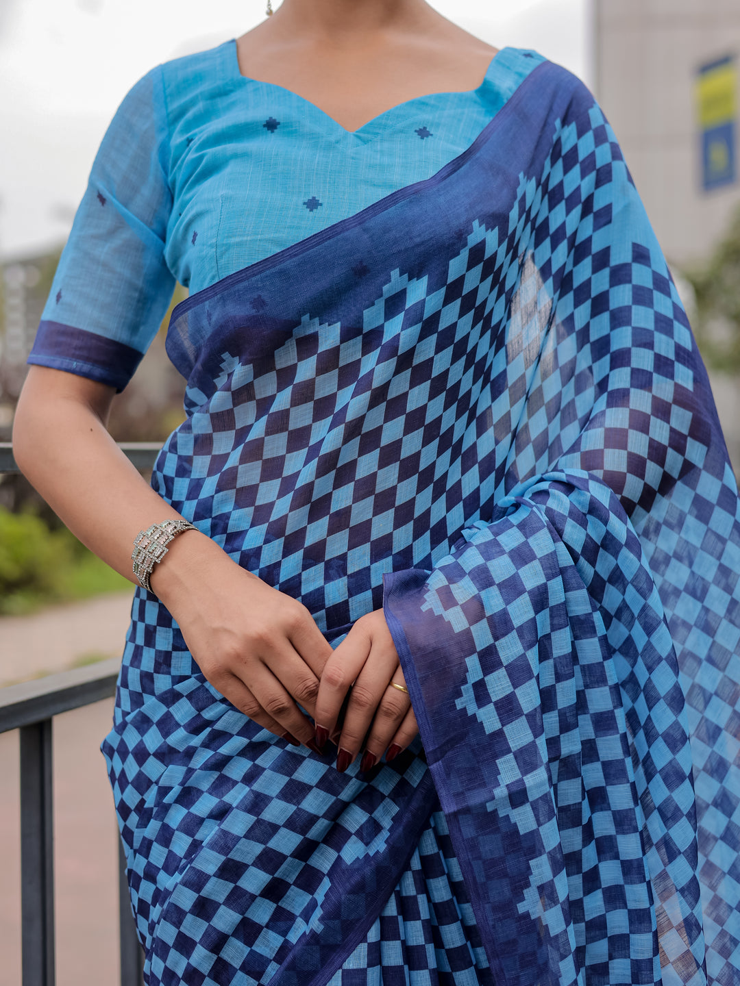 Blue Mul Cotton Checkered Print Saree with Geometric Statement Pallu & Tassels | Office & Casual Wear