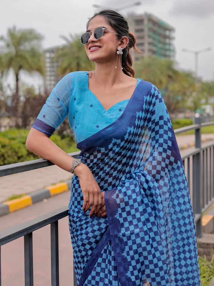 Blue Mul Cotton Checkered Print Saree with Geometric Statement Pallu & Tassels | Office & Casual Wear
