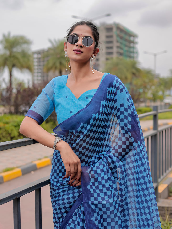 Blue Mul Cotton Checkered Print Saree with Geometric Statement Pallu & Tassels | Office & Casual Wear