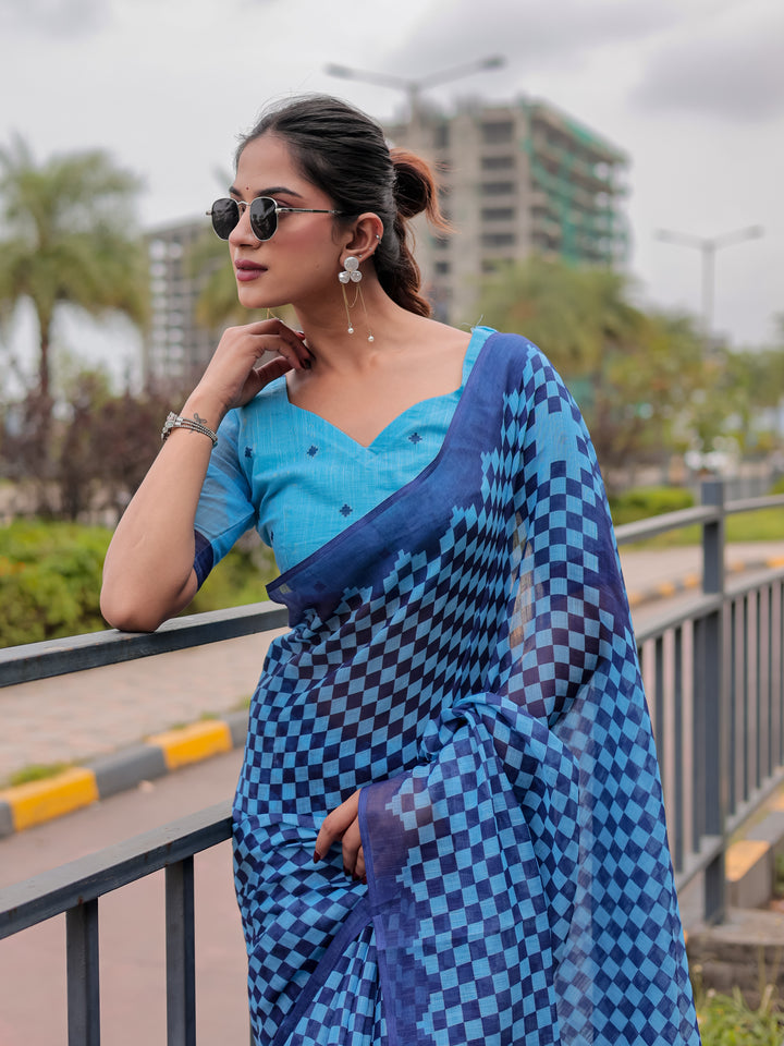 Blue Mul Cotton Checkered Print Saree with Geometric Statement Pallu & Tassels | Office & Casual Wear