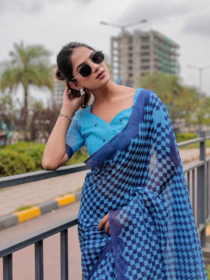 Blue Mul Cotton Checkered Print Saree with Geometric Statement Pallu & Tassels | Office & Casual Wear