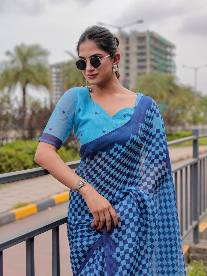 Blue Mul Cotton Checkered Print Saree with Geometric Statement Pallu & Tassels | Office & Casual Wear
