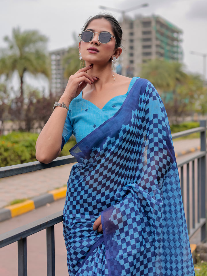 Blue Mul Cotton Checkered Print Saree with Geometric Statement Pallu & Tassels | Office & Casual Wear