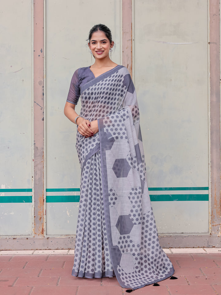 Grey Mul Cotton Geometric Print Saree with Hexagon Pattern, Statement Pallu & Tassels | Office & Casual Wear