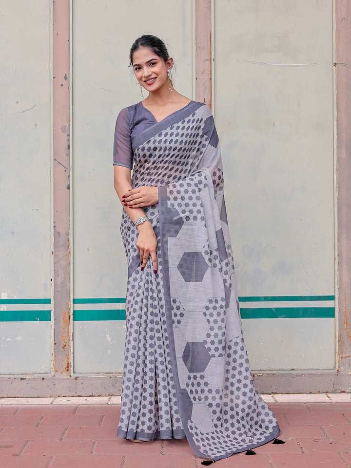 Grey Mul Cotton Geometric Print Saree with Hexagon Pattern, Statement Pallu & Tassels | Office & Casual Wear