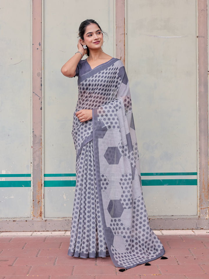 Grey Mul Cotton Geometric Print Saree with Hexagon Pattern, Statement Pallu & Tassels | Office & Casual Wear