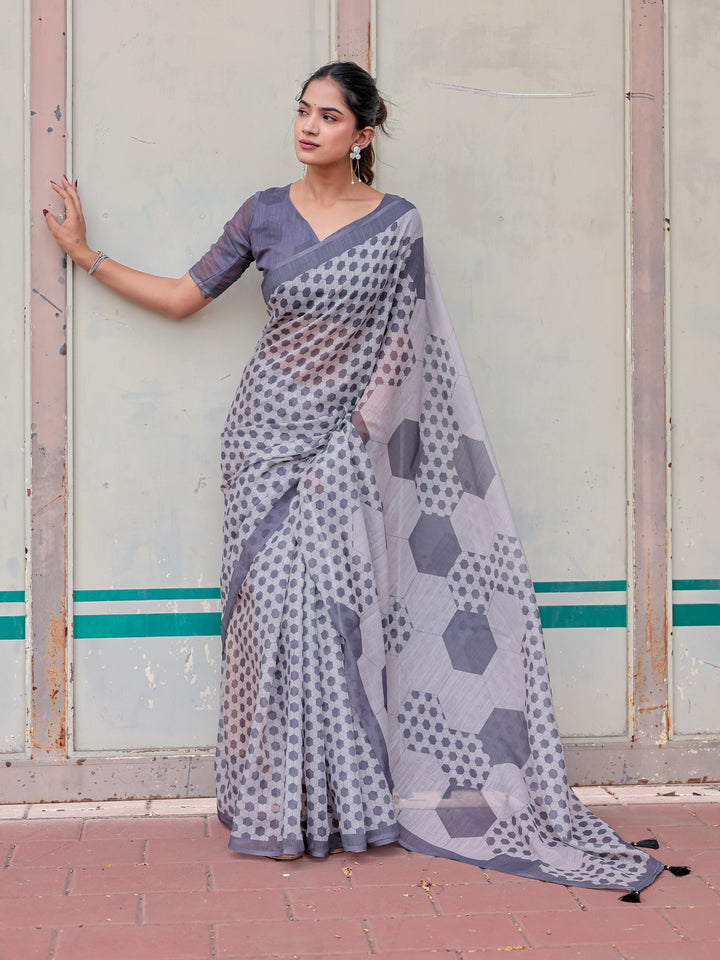 Grey Mul Cotton Geometric Print Saree with Hexagon Pattern, Statement Pallu & Tassels | Office & Casual Wear