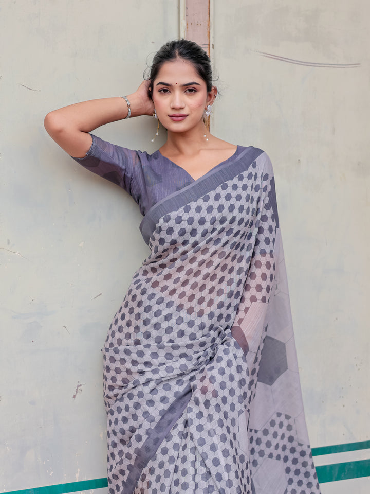 Grey Mul Cotton Geometric Print Saree with Hexagon Pattern, Statement Pallu & Tassels | Office & Casual Wear