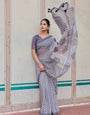 Grey Mul Cotton Geometric Print Saree with Hexagon Pattern, Statement Pallu & Tassels | Office & Casual Wear, Comes With Attached Blouse Piece