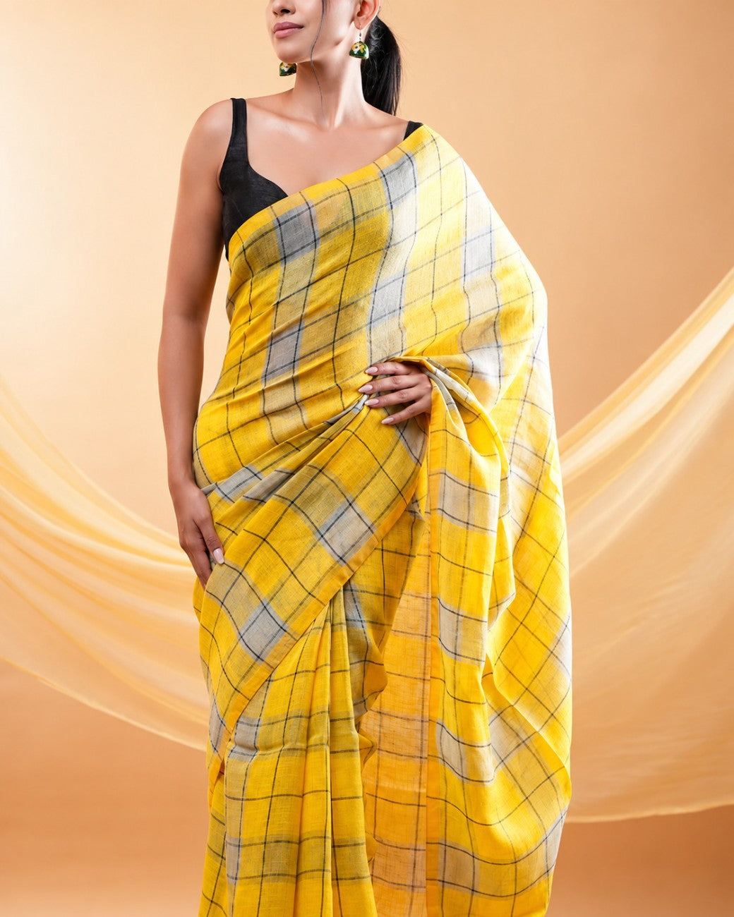 Yellow & Grey Checks Mul Cotton Saree with Tassels & Attached Blouse Piece
