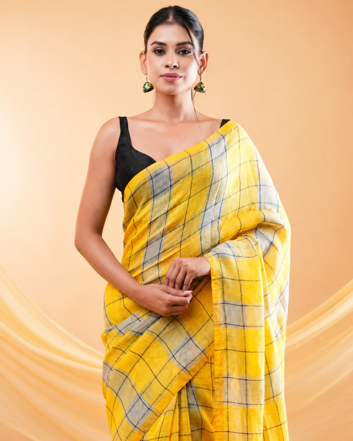 Yellow & Grey Checks Mul Cotton Saree with Tassels & Attached Blouse Piece