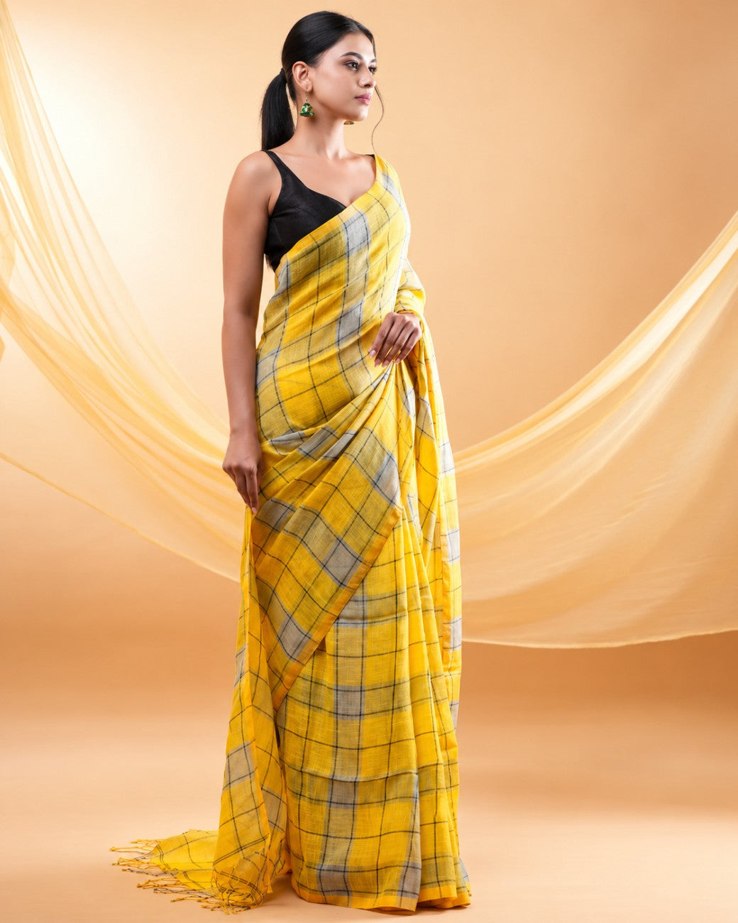Yellow & Grey Checks Mul Cotton Saree with Tassels & Attached Blouse Piece