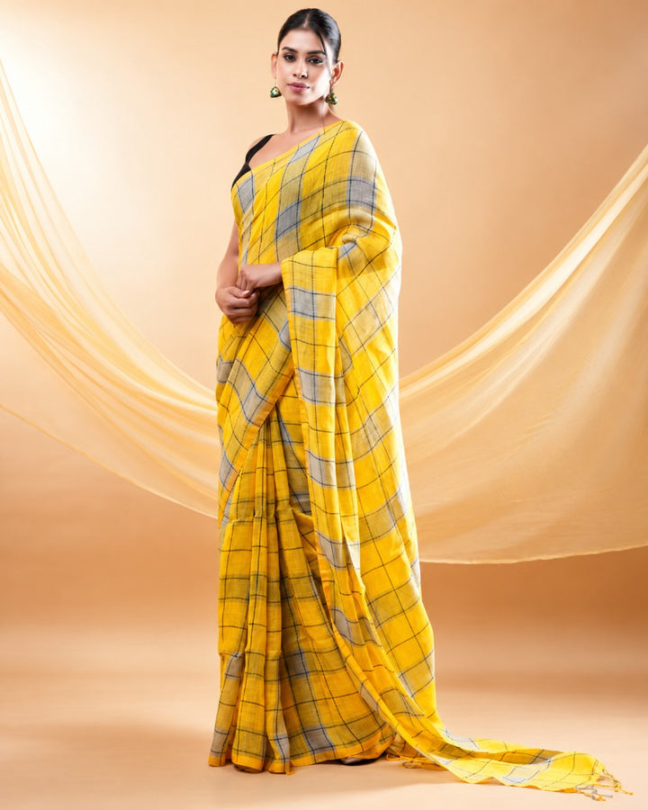 Yellow & Grey Checks Mul Cotton Saree with Tassels & Attached Blouse Piece