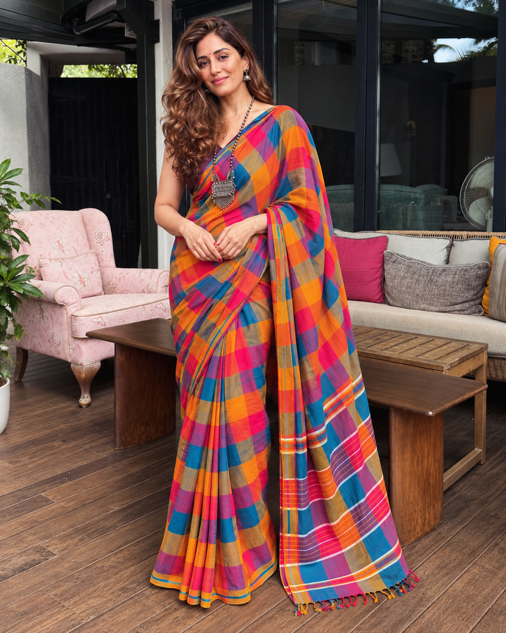 Vibrant Multicolour Madras Checkered Mul Cotton Saree with Tassels & Attached Blouse Piece