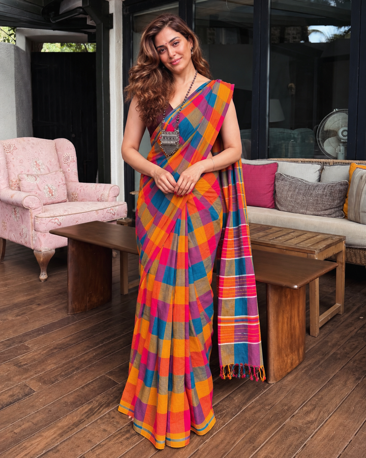 Vibrant Multicolour Madras Checkered Mul Cotton Saree with Tassels & Attached Blouse Piece
