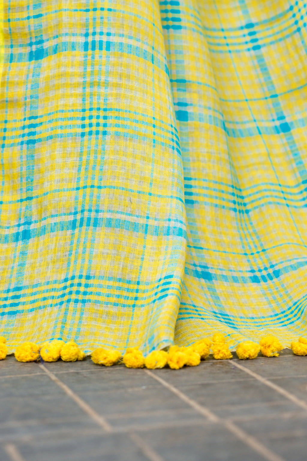 Sunshine Yellow & Aqua Checkered Mul Cotton Saree with Tasselled Pallu With Attached Blouse Piece, Comes With Attached Blouse Piece
