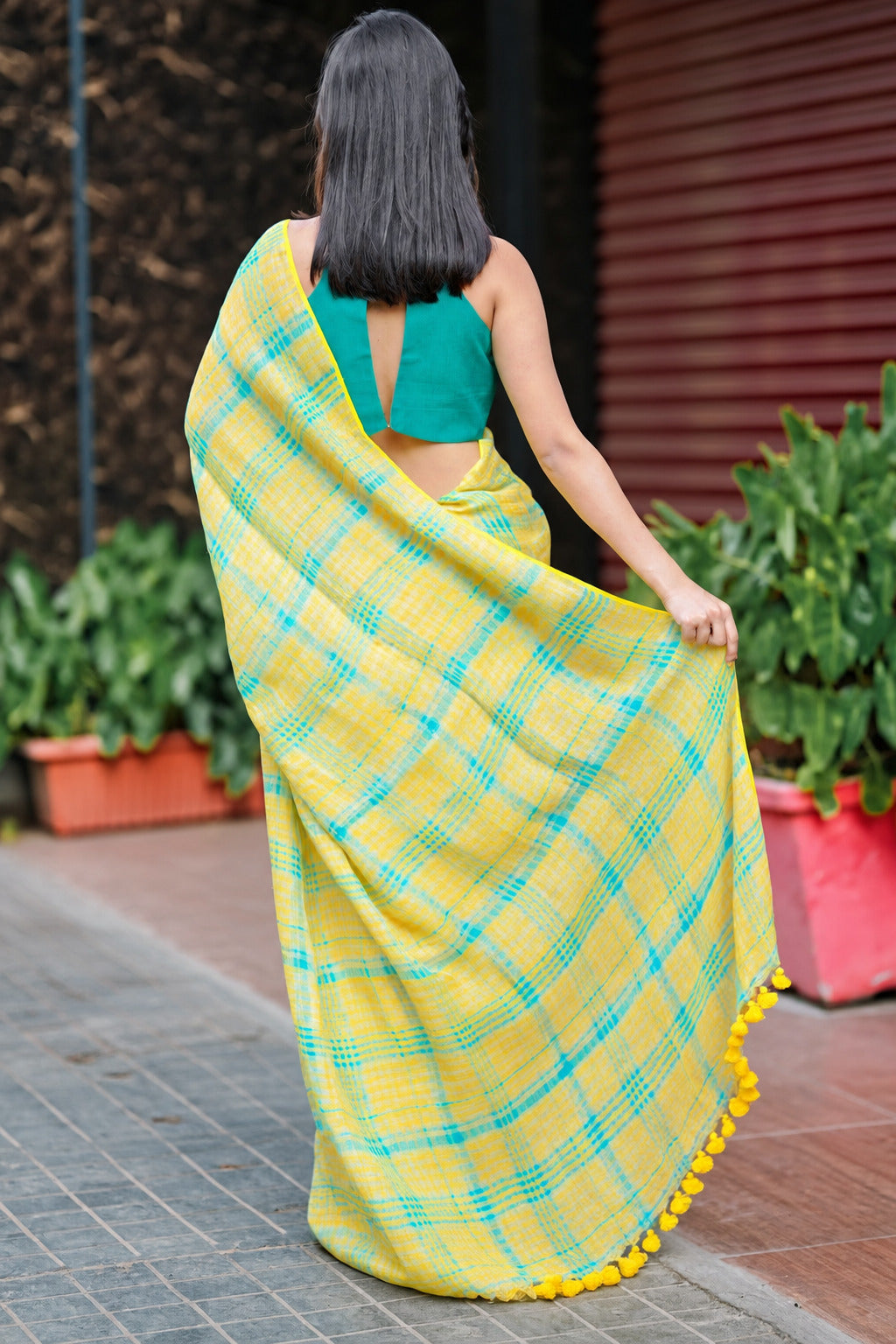 Sunshine Yellow & Aqua Checkered Mul Cotton Saree with Tasselled Pallu With Attached Blouse Piece, Comes With Attached Blouse Piece