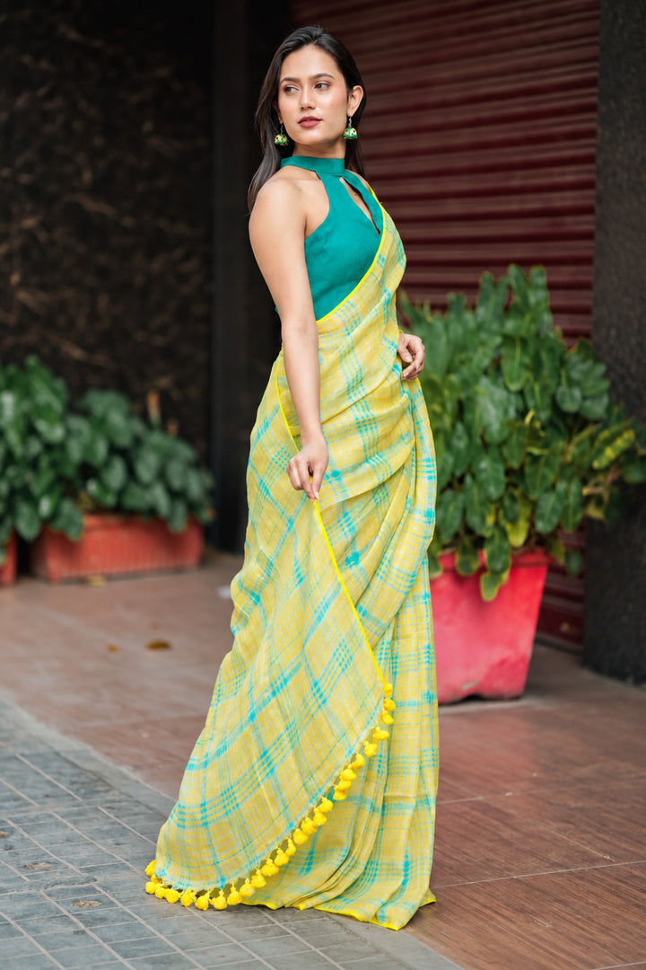 Sunshine Yellow & Aqua Checkered Mul Cotton Saree with Tasselled Pallu With Attached Blouse Piece, Comes With Attached Blouse Piece