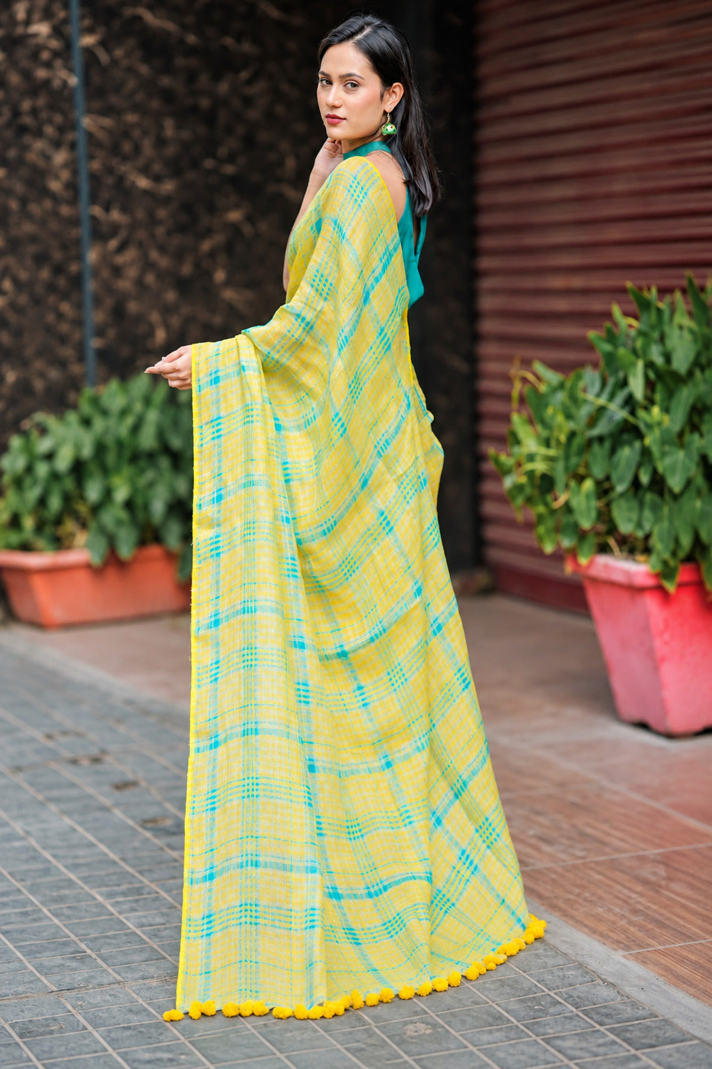 Sunshine Yellow & Aqua Checkered Mul Cotton Saree with Tasselled Pallu With Attached Blouse Piece, Comes With Attached Blouse Piece