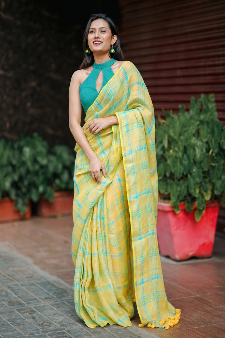 Sunshine Yellow & Aqua Checkered Mul Cotton Saree with Tasselled Pallu With Attached Blouse Piece, Comes With Attached Blouse Piece