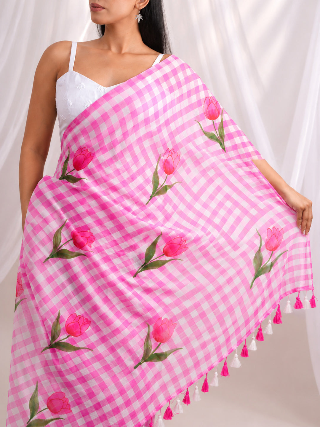 Pink & White Checkered Mul Cotton Saree with Tulip Floral Print & Tasselled Pallu, Comes With Attached Blouse Piece