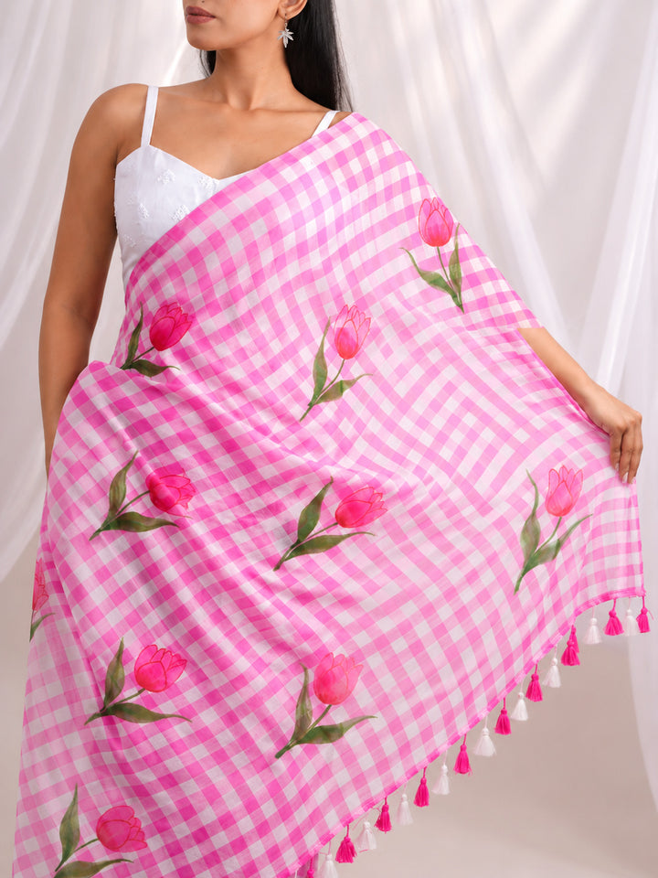 Pink & White Checkered Mul Cotton Saree with Tulip Floral Print & Tasselled Pallu, Comes With Attached Blouse Piece