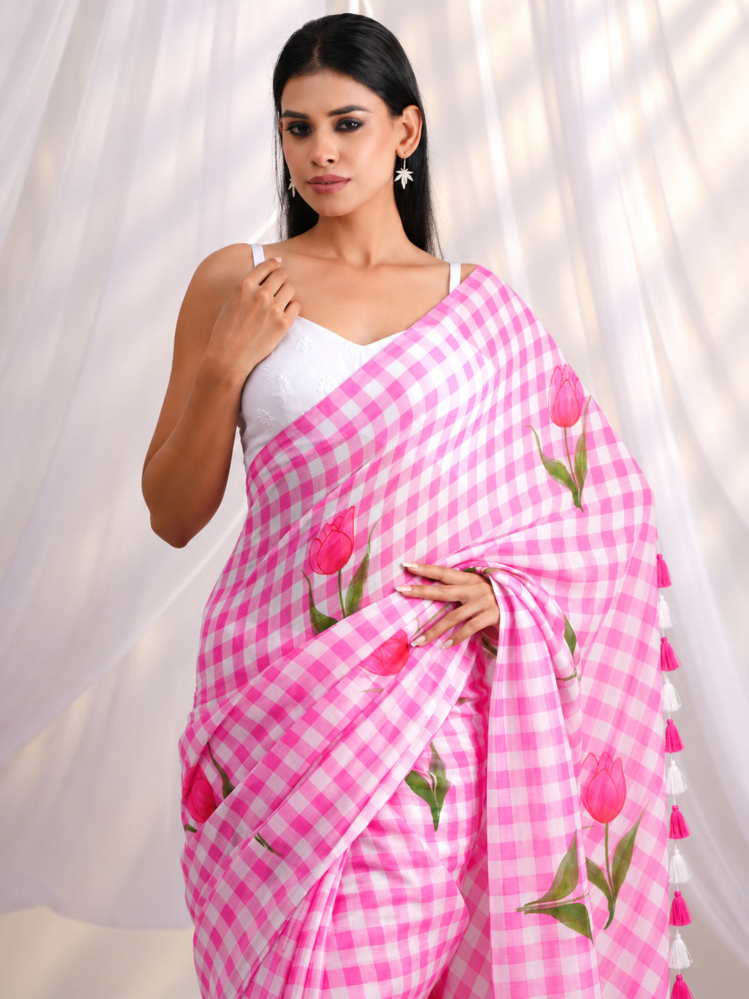 Pink & White Checkered Mul Cotton Saree with Tulip Floral Print & Tasselled Pallu, Comes With Attached Blouse Piece