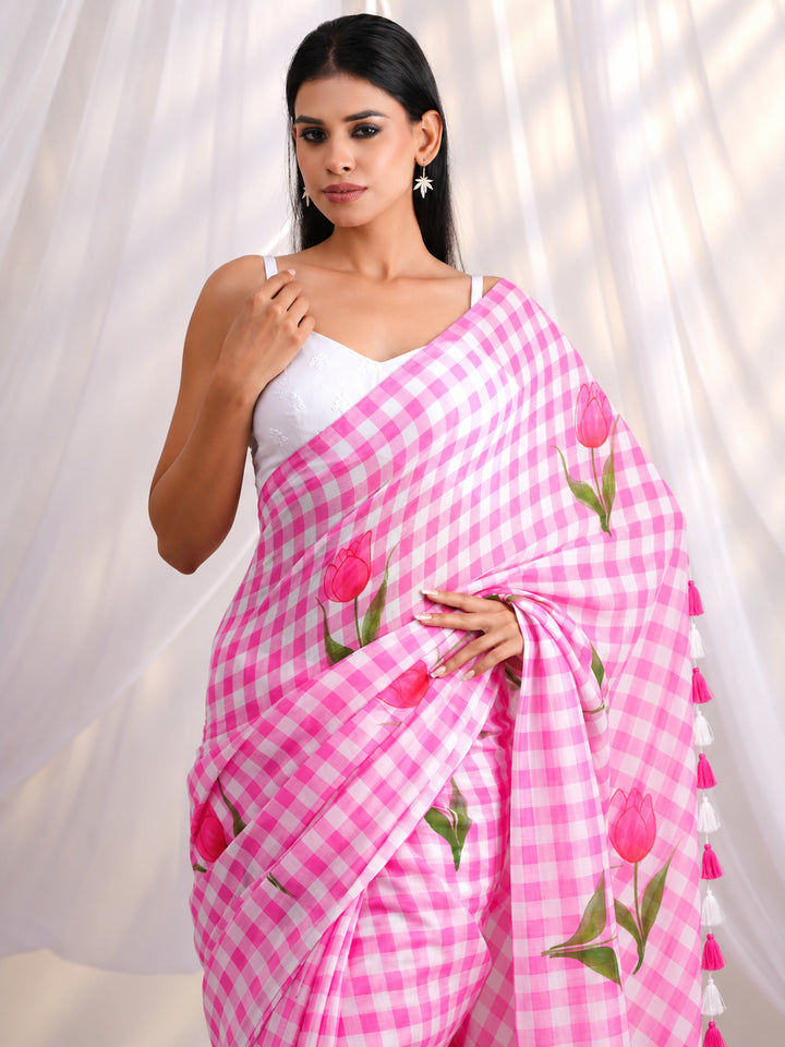Pink & White Checkered Mul Cotton Saree with Tulip Floral Print & Tasselled Pallu, Comes With Attached Blouse Piece