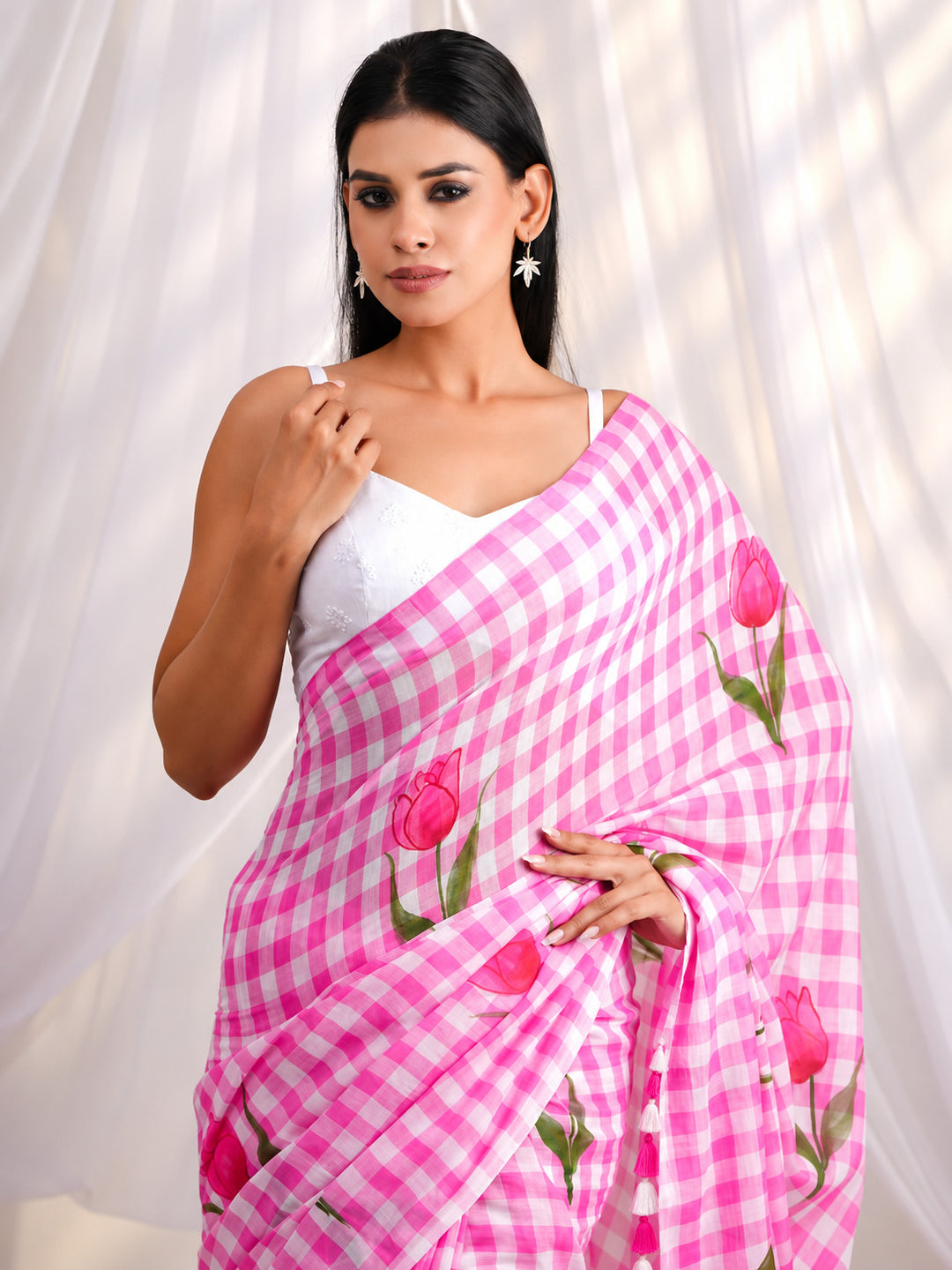 Pink & White Checkered Mul Cotton Saree with Tulip Floral Print & Tasselled Pallu, Comes With Attached Blouse Piece