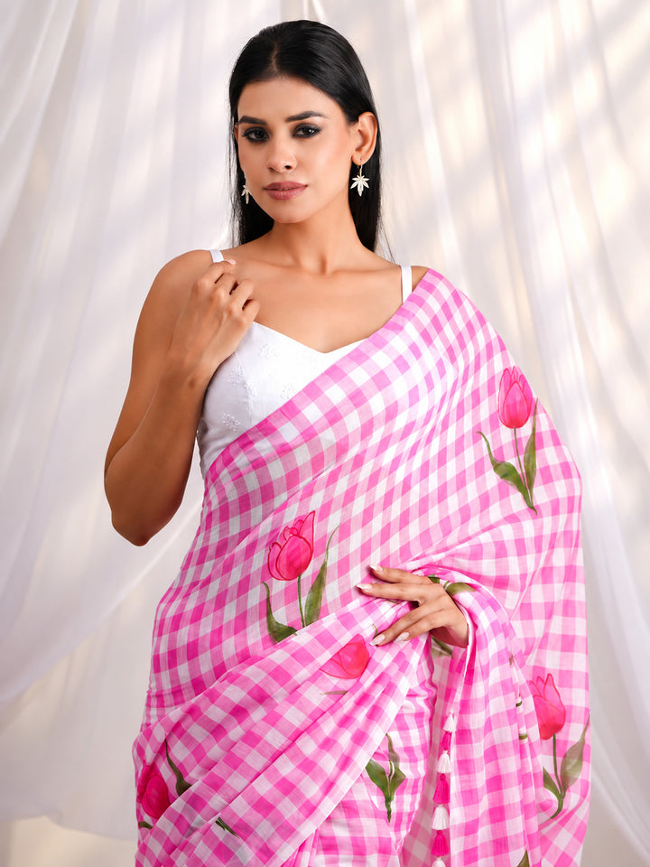 Pink & White Checkered Mul Cotton Saree with Tulip Floral Print & Tasselled Pallu, Comes With Attached Blouse Piece