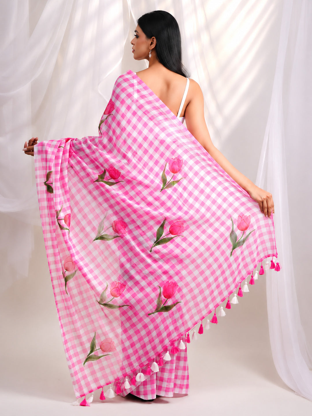 Pink & White Checkered Mul Cotton Saree with Tulip Floral Print & Tasselled Pallu, Comes With Attached Blouse Piece