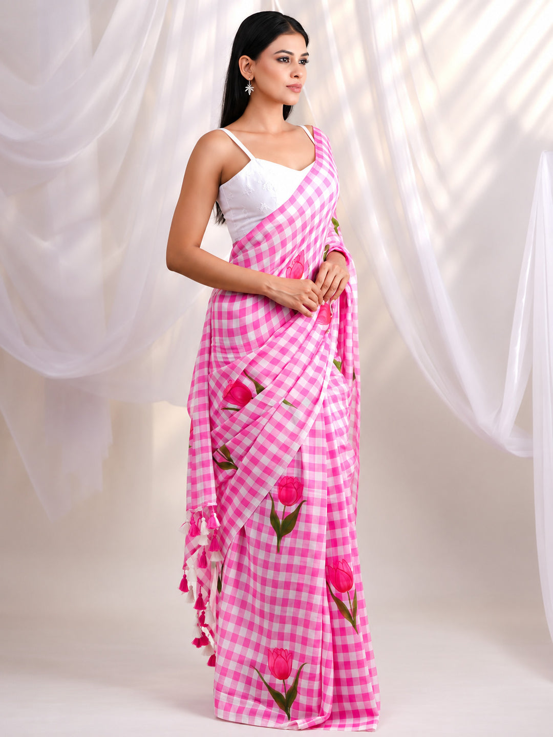 Pink & White Checkered Mul Cotton Saree with Tulip Floral Print & Tasselled Pallu, Comes With Attached Blouse Piece