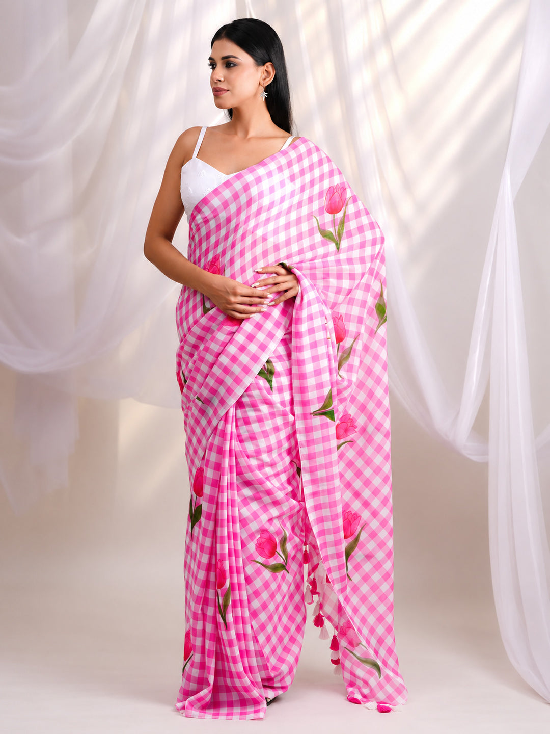Pink & White Checkered Mul Cotton Saree with Tulip Floral Print & Tasselled Pallu, Comes With Attached Blouse Piece