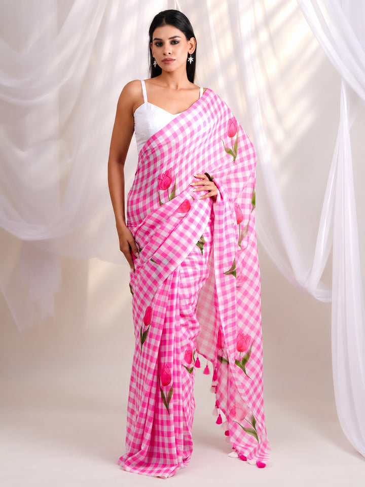 Pink & White Checkered Mul Cotton Saree with Tulip Floral Print & Tasselled Pallu, Comes With Attached Blouse Piece